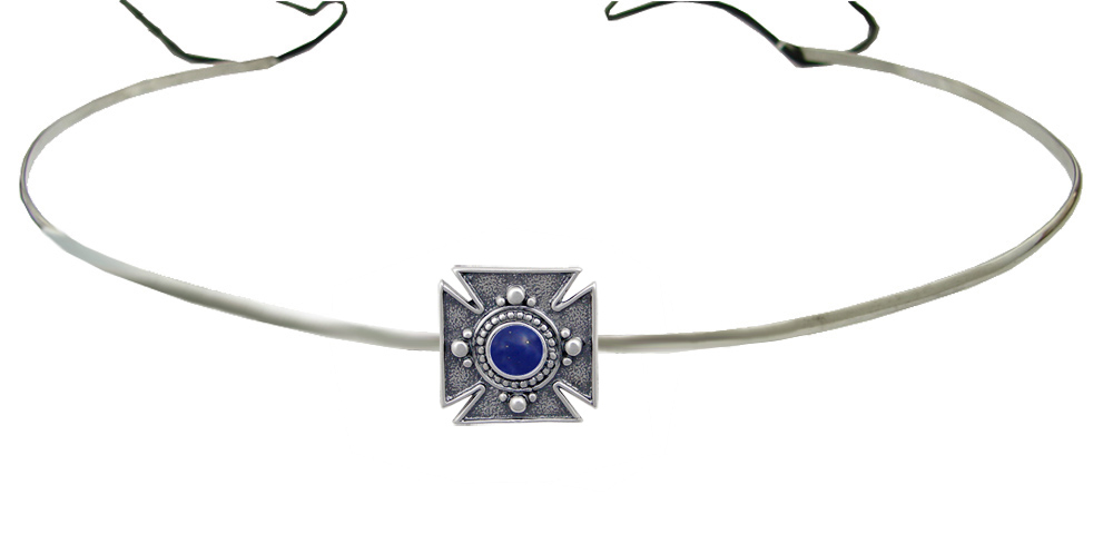 Sterling Silver Renaissance Style Medieval Cross Headpiece Circlet Tiara With Lapis Lazuli